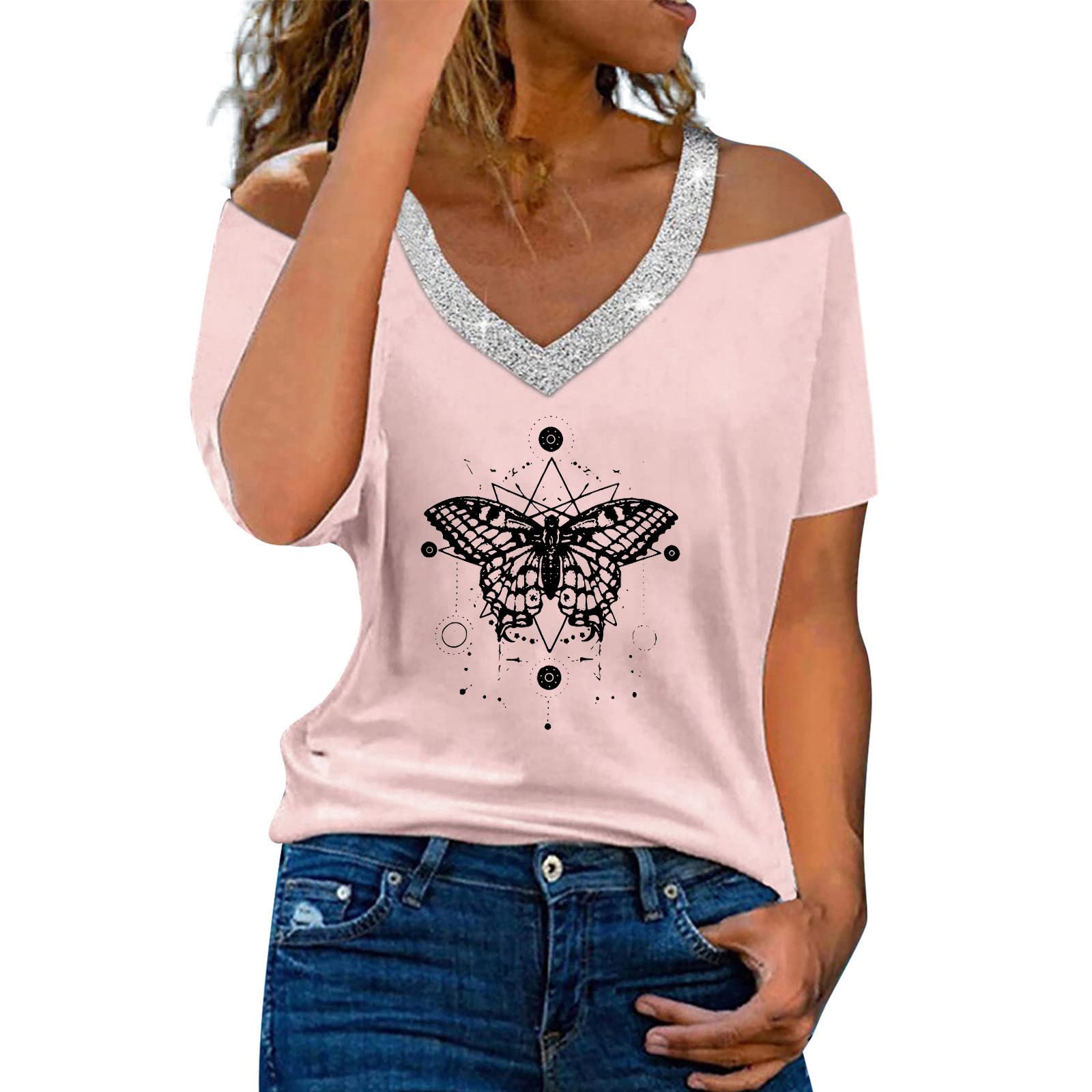 Women's Summer V-Neck Off-Shoulder Printed Short Sleeve T-Shirt Top - Casual Black Blouse for Beach, Vacation & Everyday Wear