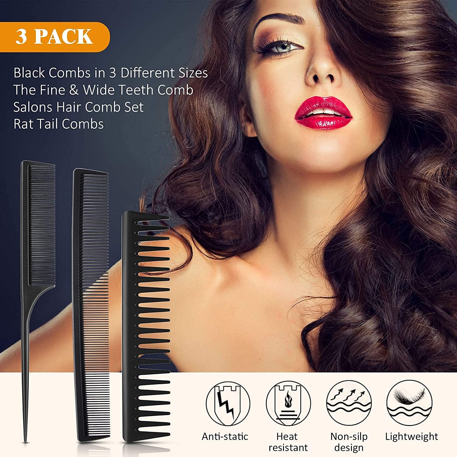 Professional Matte Black Carbon Fiber Hair Comb Set for Men - 3 Pack Barber Salon Styling Comb for Grooming, Beards & Mustaches - Perfect for Home, Salon & Travel Use