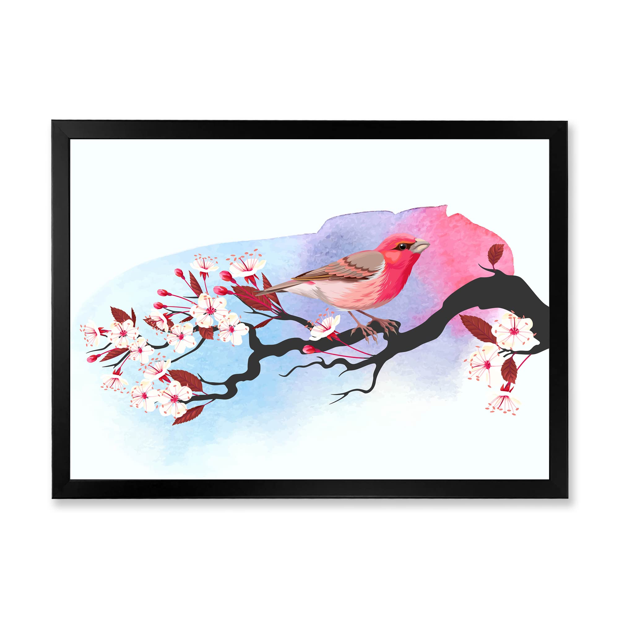 Pink Bird on Cherry Branch Traditional Framed Wall Art - Vintage Floral Home Decor for Living Room, Bedroom & Office - Perfect Gift for Housewarming & Wedding