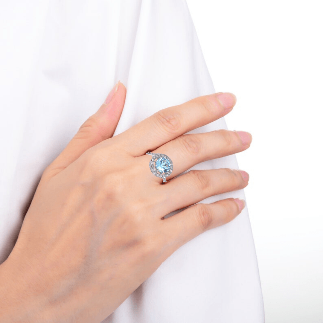 Blue Topaz Halo Fashion Ring for Women - Sterling Silver Birthstone Jewelry - Elegant Gift for Anniversary, Birthday & Special Occasions