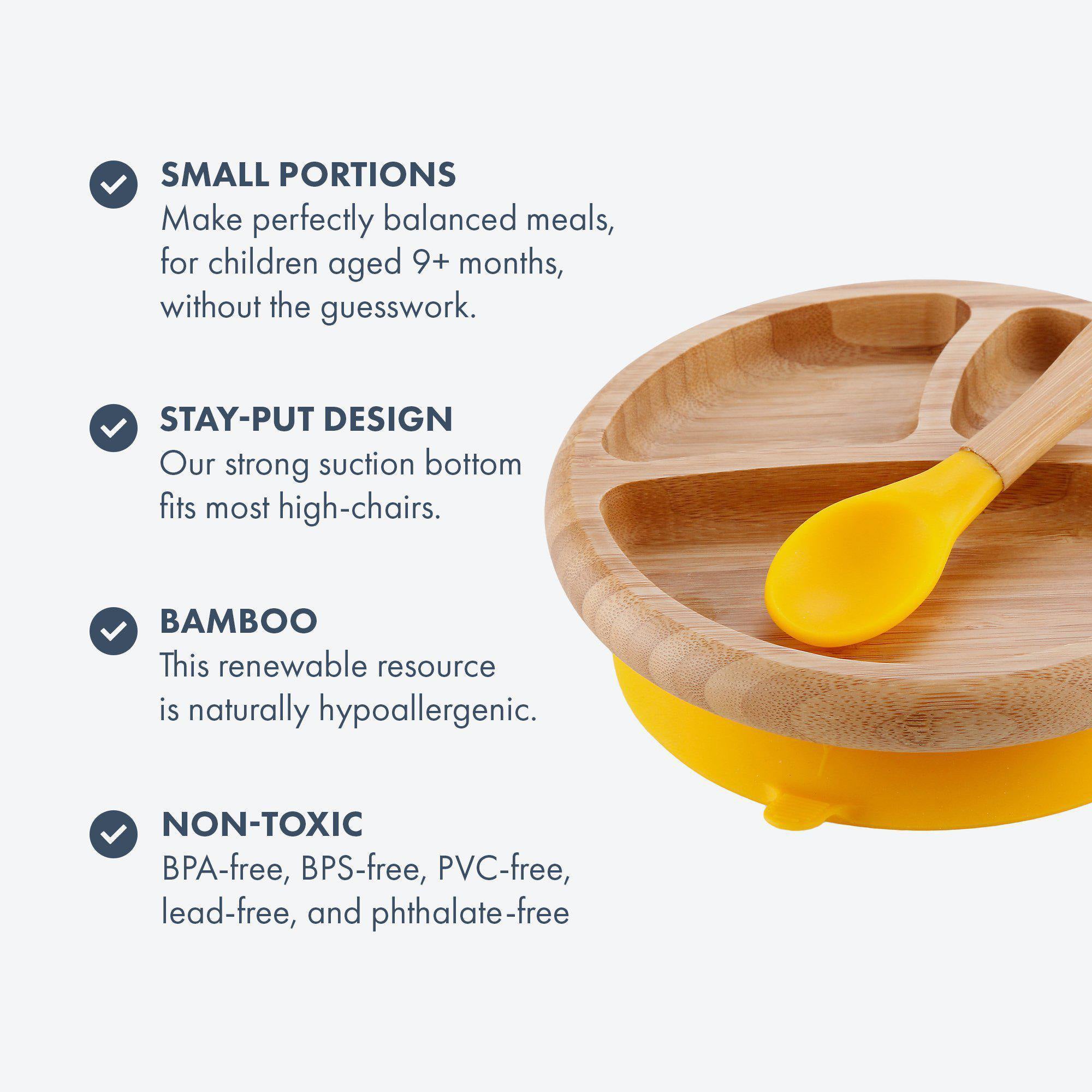 Avanchy Eco-Friendly Bamboo Suction Baby Plate with Spoon - Green | Non-Slip Toddler Feeding Set for Mess-Free Mealtime at Home or Travel