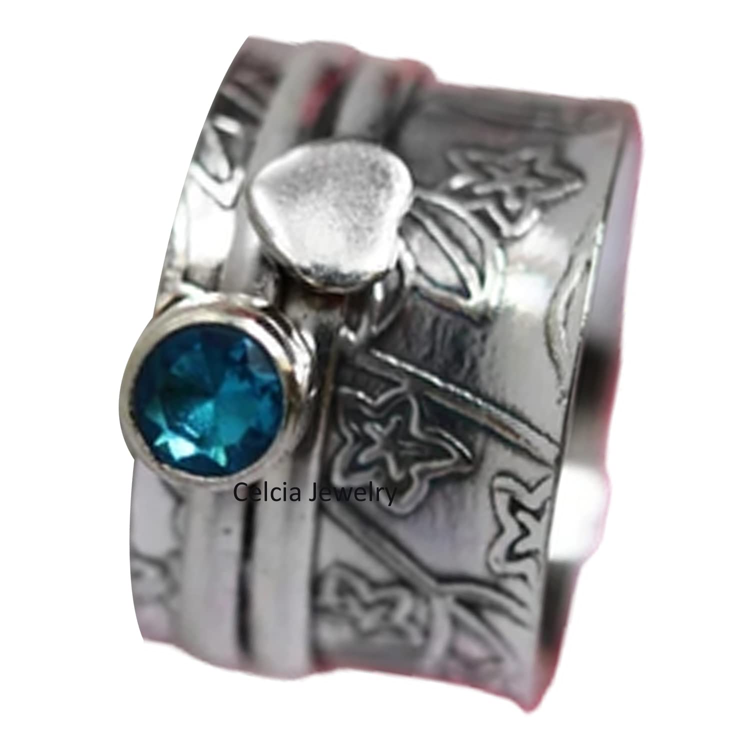 Natural Blue Topaz Heart Spinner Ring for Women & Men - November Birthstone Jewelry, Love & Meditation Spinning Fidget Ring - Size 7 - Perfect for Stress Relief, Birthday Gifts & Everyday Wear