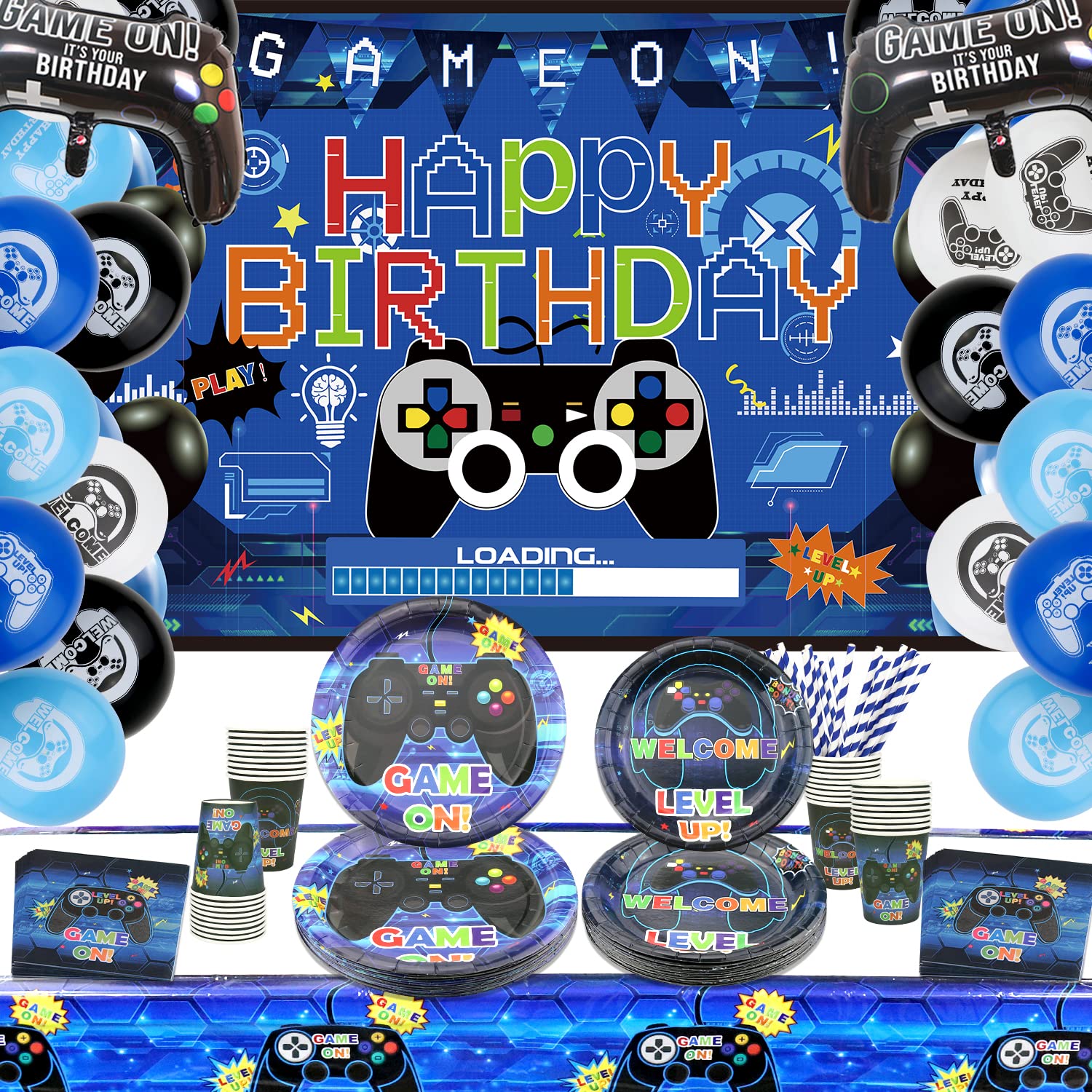 Video Game Party Supplies Set - Happy Birthday Gaming Backdrop, Plates, Tablecloth, Cups, Napkins & Balloons for Boys & Men Gamers - Blue Theme Decorations (Serves 20) - Perfect for Gamer Birthday Parties, Game Nights & Themed Events