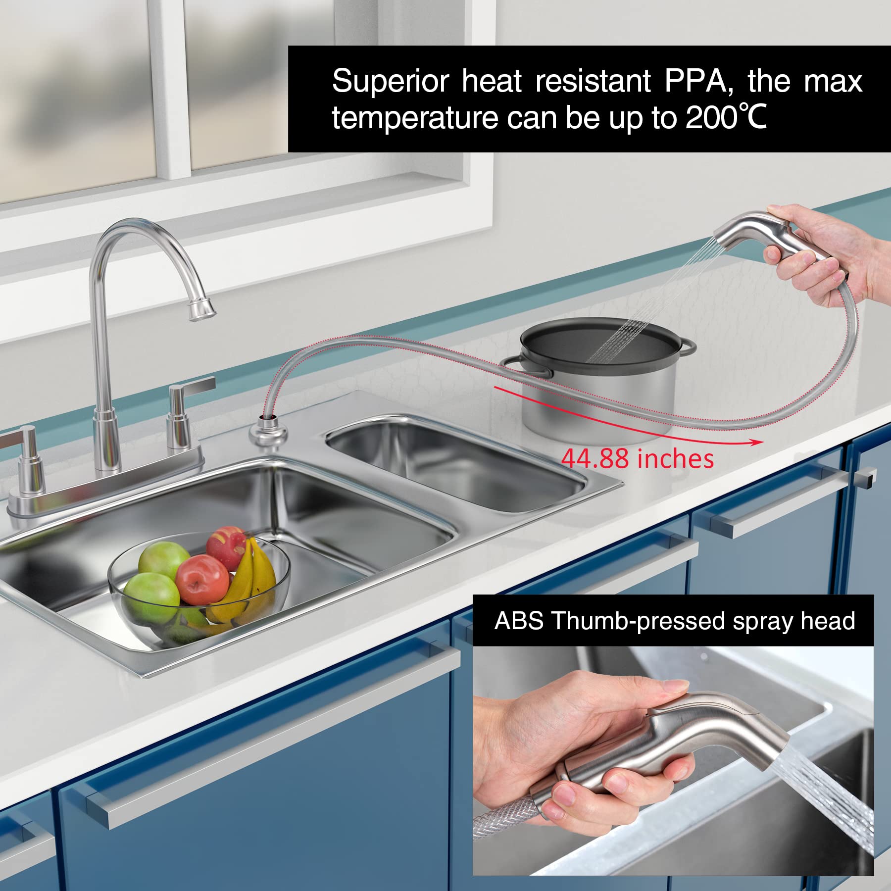 2-Handle High Arc Stainless Steel Kitchen Faucet with Pull-Out Side Sprayer - Brushed Nickel Finish - 8 Inch Centerset for 3 or 4 Hole Sink Installation - Perfect for Modern Kitchens and Heavy-Duty Cooking Tasks