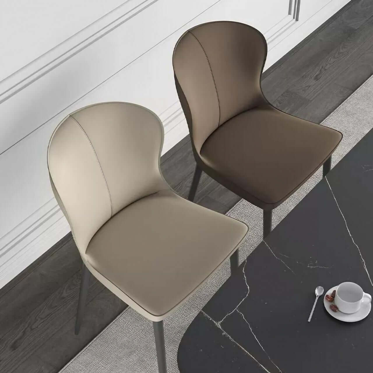 Modern Brown Durable Leather Dining Chair with Semi-Wrapped Backrest - Contemporary Minimalist Design for Home, Office, or Restaurant Use