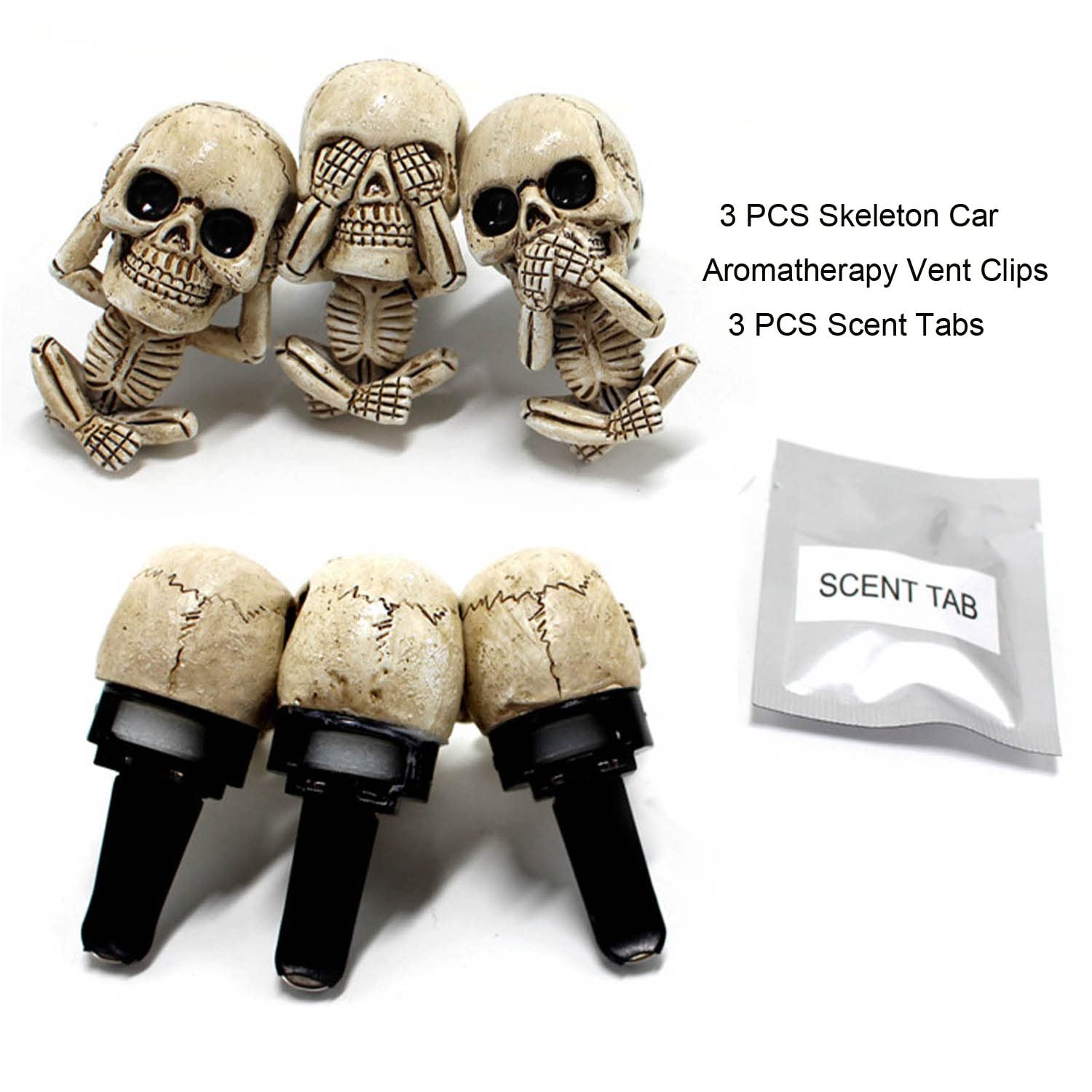 3 Pack Skull Car Fragrance Diffuser - Human Body Skeleton Aromatherapy Vent Clips, Resin Car Interior Decor for Men & Women, Perfect for Halloween, Birthday Gifts, and Everyday Car Freshening