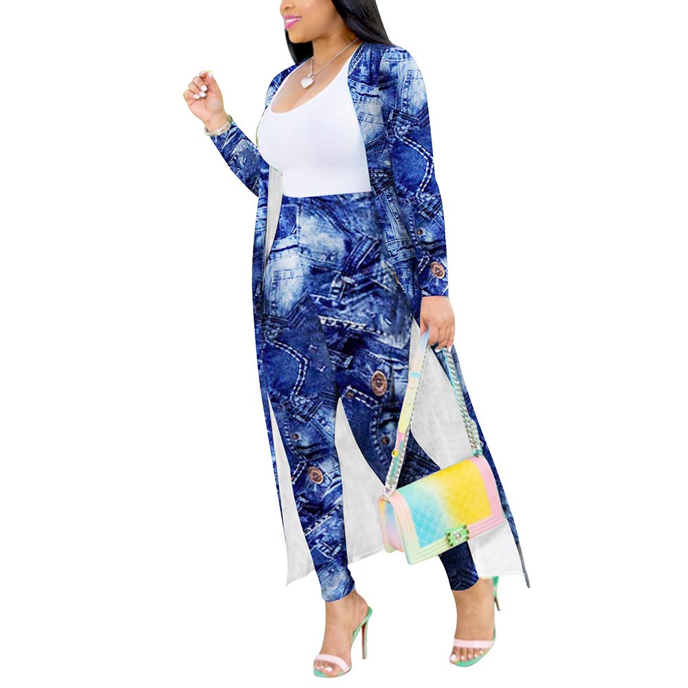 Women's Fashion Printed Long Cardigan 2-Piece Outfit Set with Long Sleeve Coat & Trousers | Stylish Fall/Winter Layering for Work, Date Night & Casual Outings