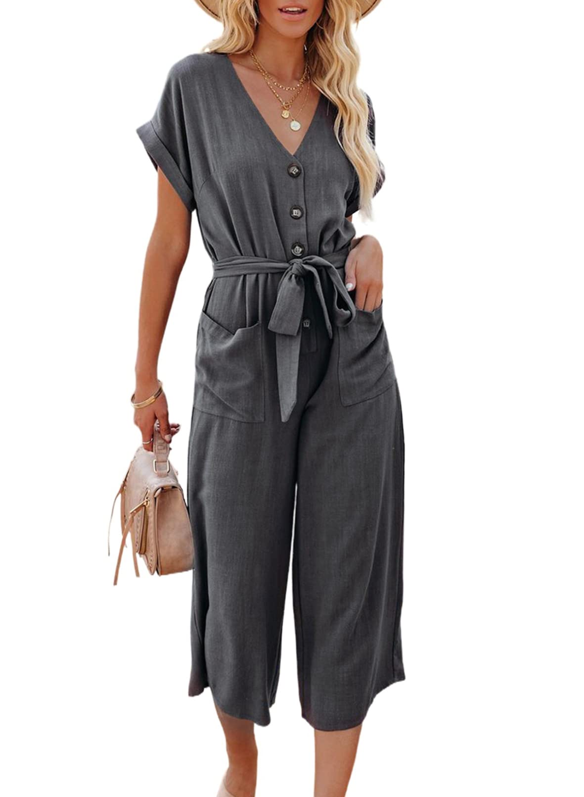 ROSKIKI Women's V-Neck Short Sleeve Jumpsuit with Belt & Pockets - Casual Wide Leg Romper for Summer Outfits, Beach Vacations & Street Style Fashion