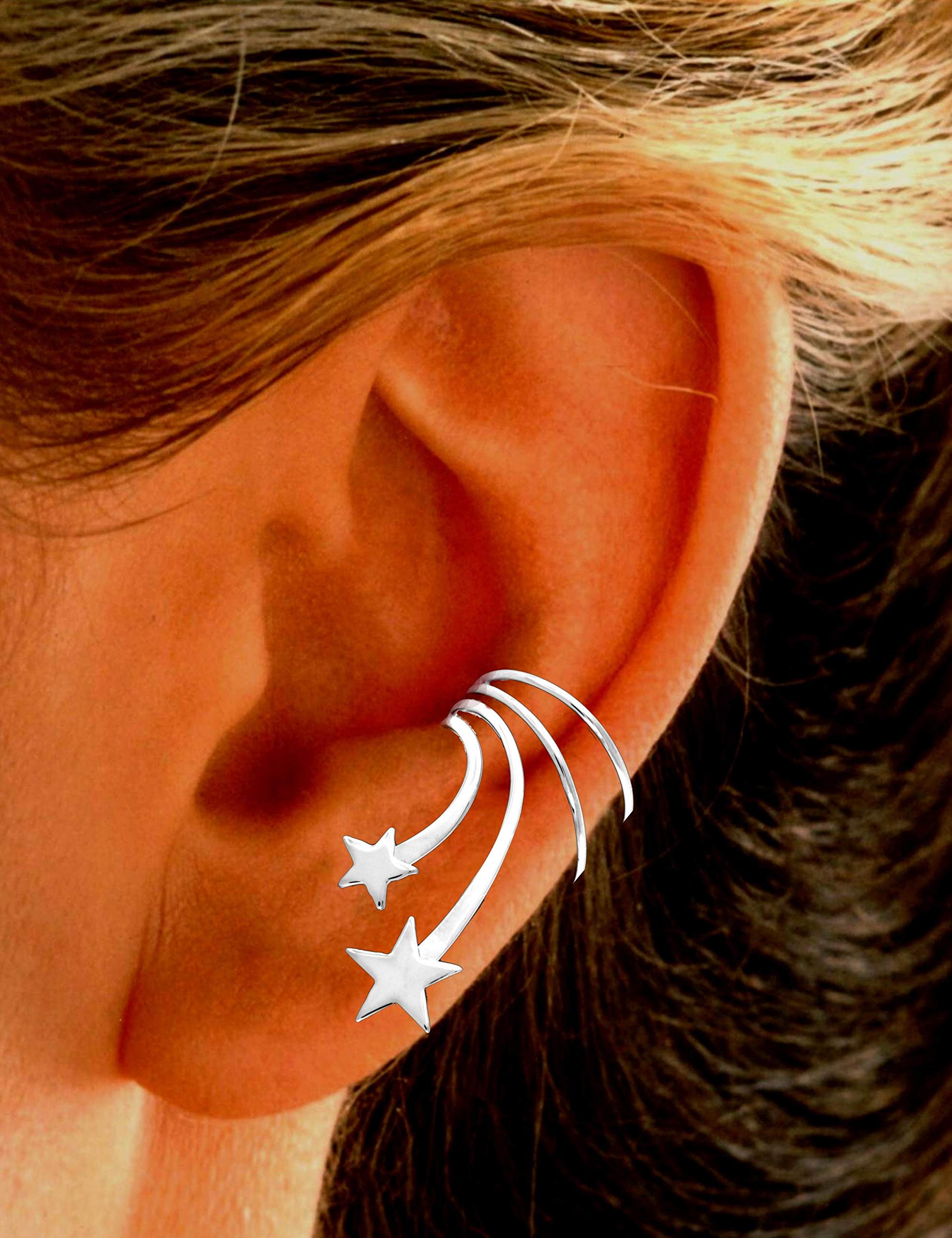 Ear Charms® Short Wave™ Double Star Ear Cuff - Non-Pierced Cartilage Wrap Earring for Left Ear - Rhodium Plated Sterling Silver - Perfect for Parties, Concerts & Everyday Boho Style