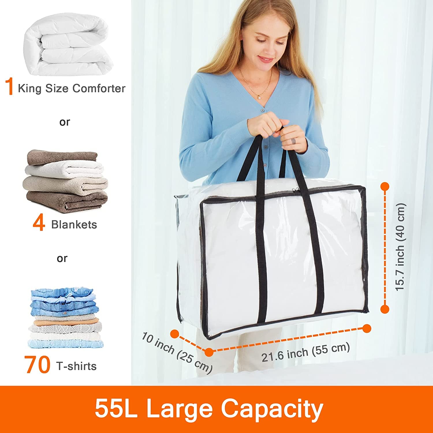 Vieshful 40L Clear Comforter Storage Bag with Zipper - Plastic Clothes Organizer for Blankets, Bedding, Duvets & Toys - Space Saving Closet & Moving Storage Solution for Home Organization
