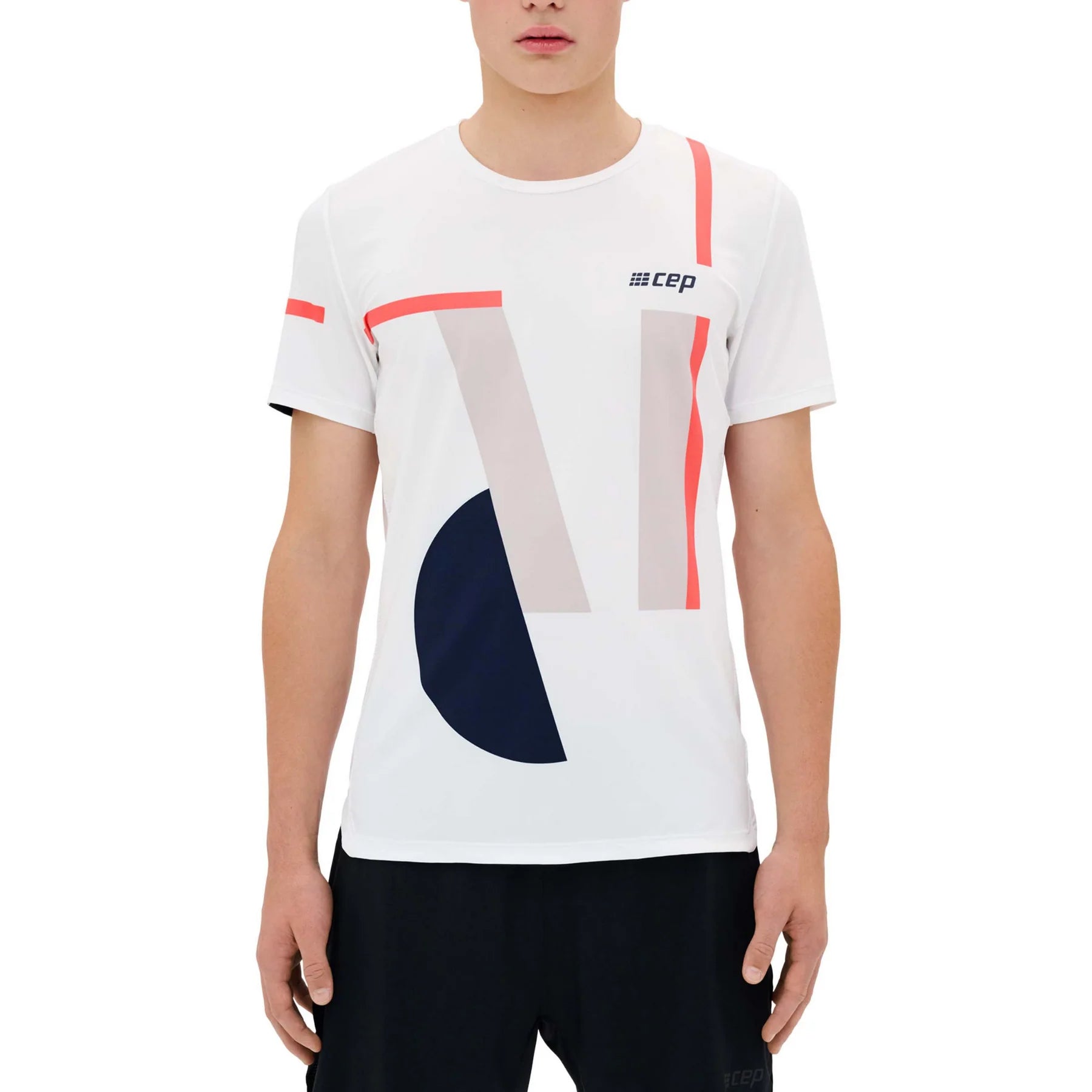 CEP Men's Performance Running Shirt - Moisture Wicking Round Neck Short Sleeve Athletic Top (White/Geometric Print) - Ideal for Jogging, Gym Workouts & Outdoor Sports