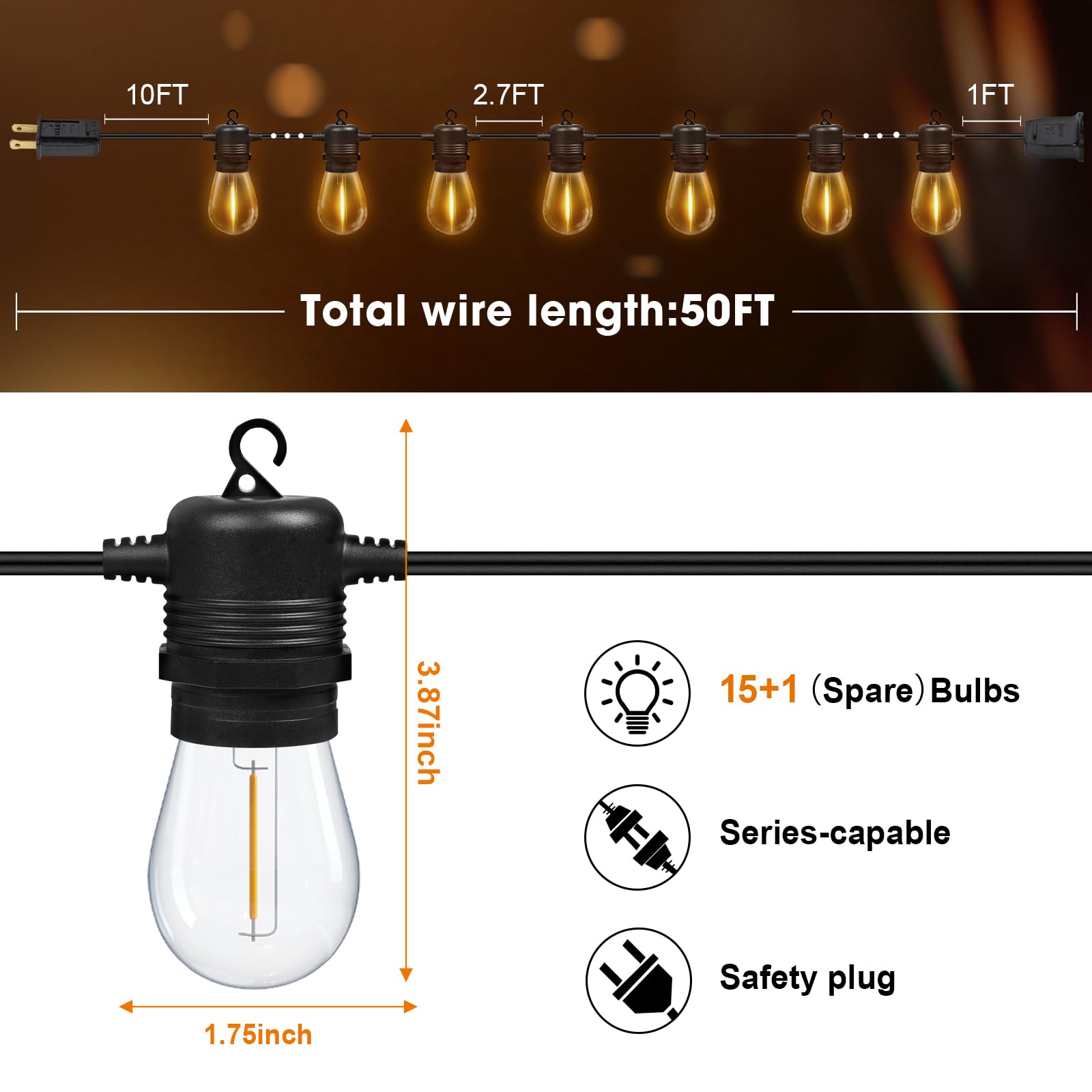 50FT Commercial Grade LED Outdoor String Lights - 17 Shatterproof Waterproof S14 Replaceable Bulbs (Includes 2 Spare) - 2700K Warm White for Patio, Yard, Garden, Porch & Deck Decor - Perfect for Outdoor Parties, Weddings & Backyard Lighting