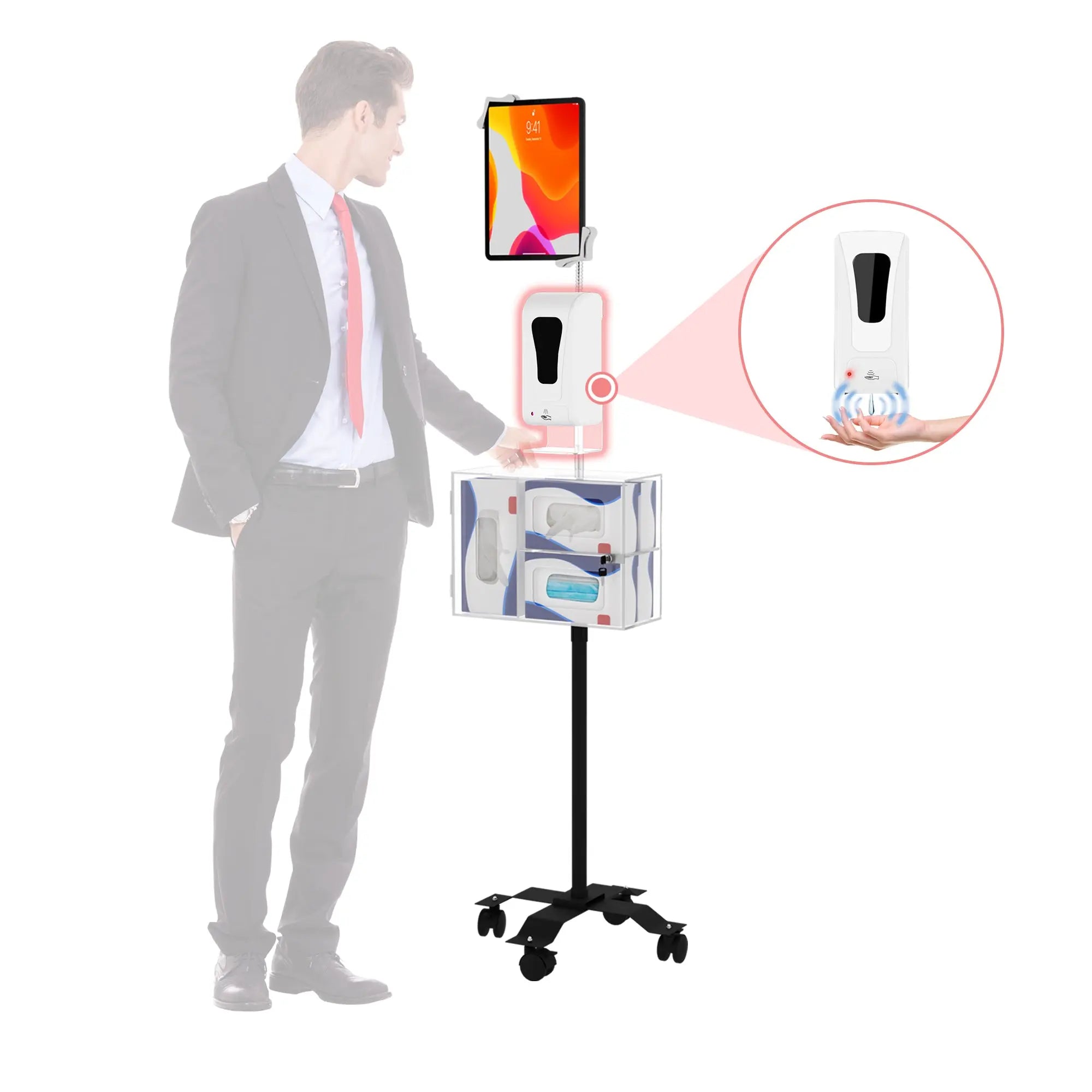 Sanitizing Station with Adjustable Gooseneck & Mobile Floor Stand - Ideal for Offices, Hospitals, and Public Spaces