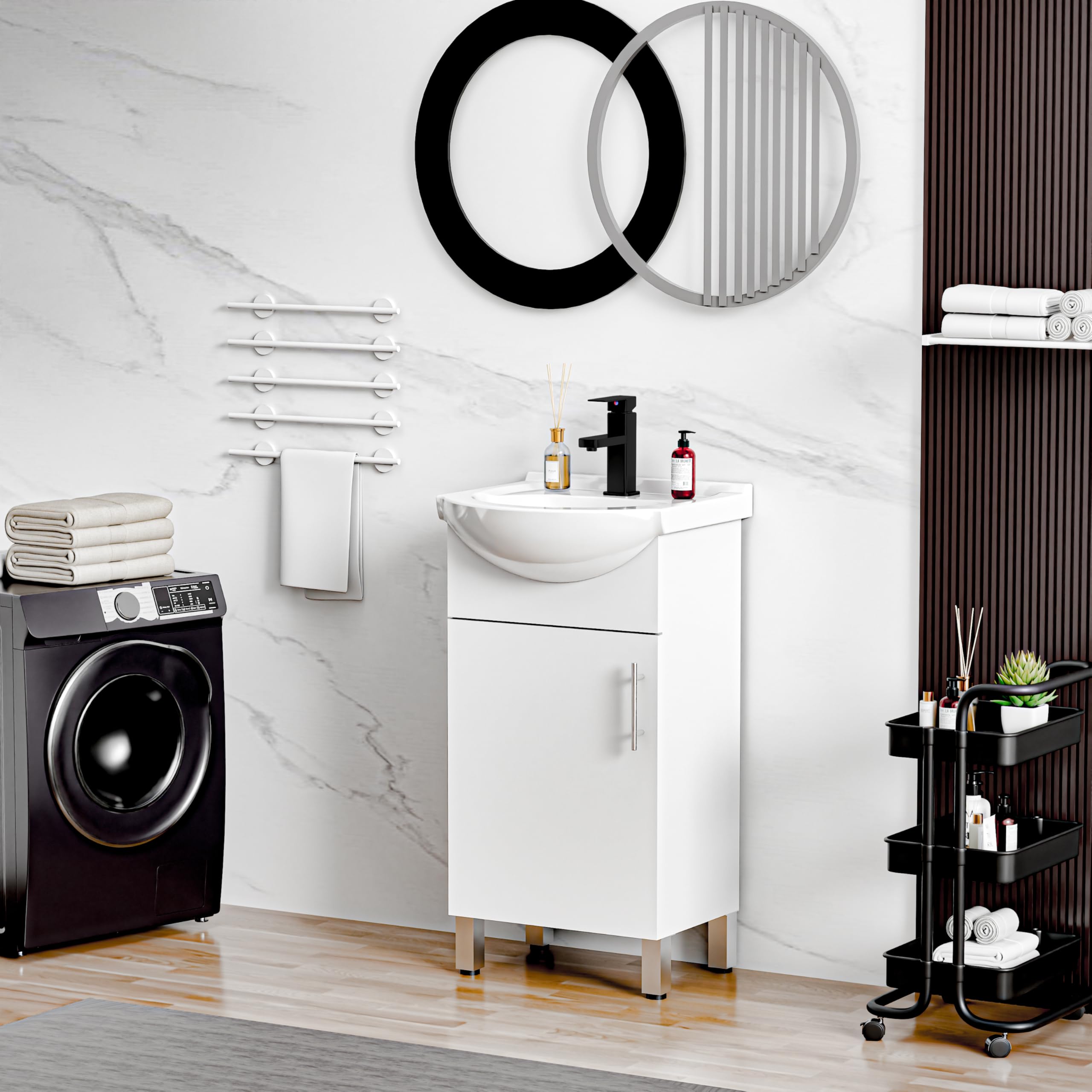 18 Inch White Ceramic Laundry Sink Cabinet Set with Faucet - Bathroom Vanity Combo & Utility Sink for Laundry Room, Basement, Kitchen - Durable Ceramic Belly Bowl Sink for Heavy-Duty Cleaning Tasks