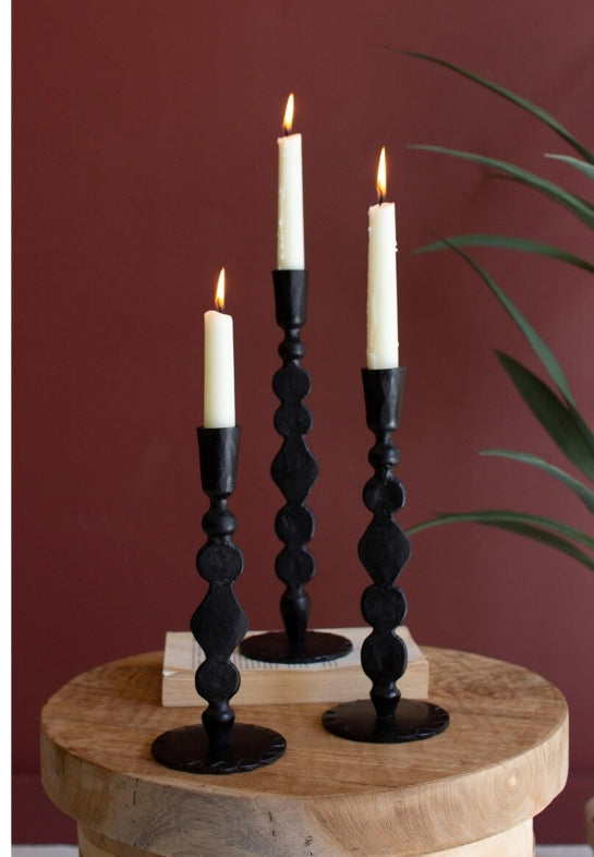 Forged Iron Waxed Black Taper Candle Holders - Set of 2 Vintage Style Metal Candle Sticks for Dining Table, Wedding Centerpiece, and Home Decor