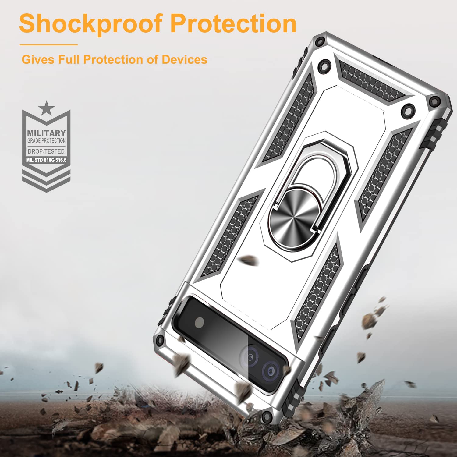 Google Pixel 6a Case with Tempered Glass Screen Protector (2 Pack) - Military-Grade Shockproof Armor Cover & Magnetic Kickstand - Silver | Perfect for Outdoor Activities, Travel & Daily Protection