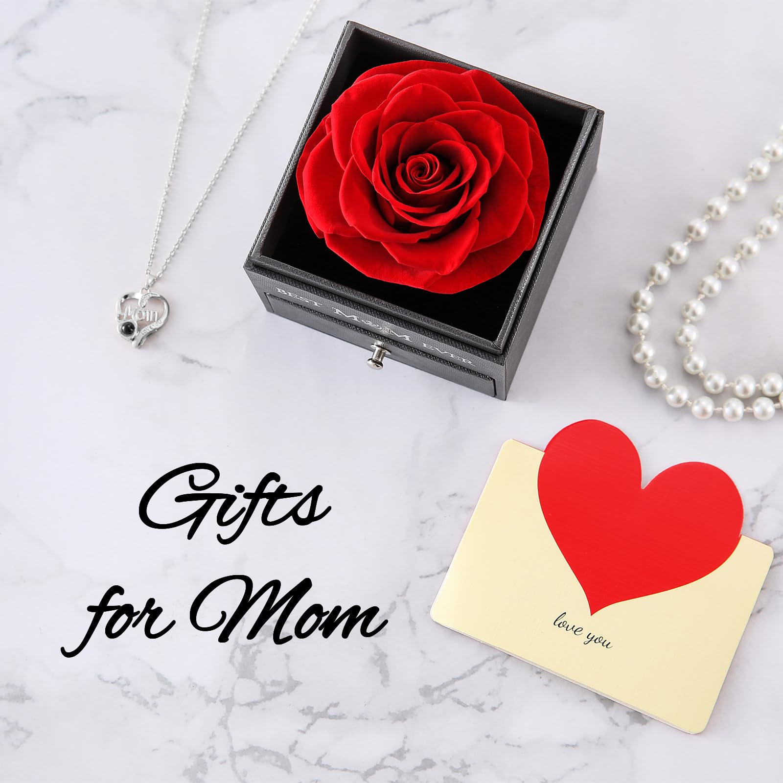 UQUI Preserved Rose Gift Box with 'I Love You' Necklace - Eternal Rose Christmas, Anniversary & Birthday Gifts for Mom, Wife, Women - Perfect for Mother's Day, Valentine's Day & Romantic Occasions