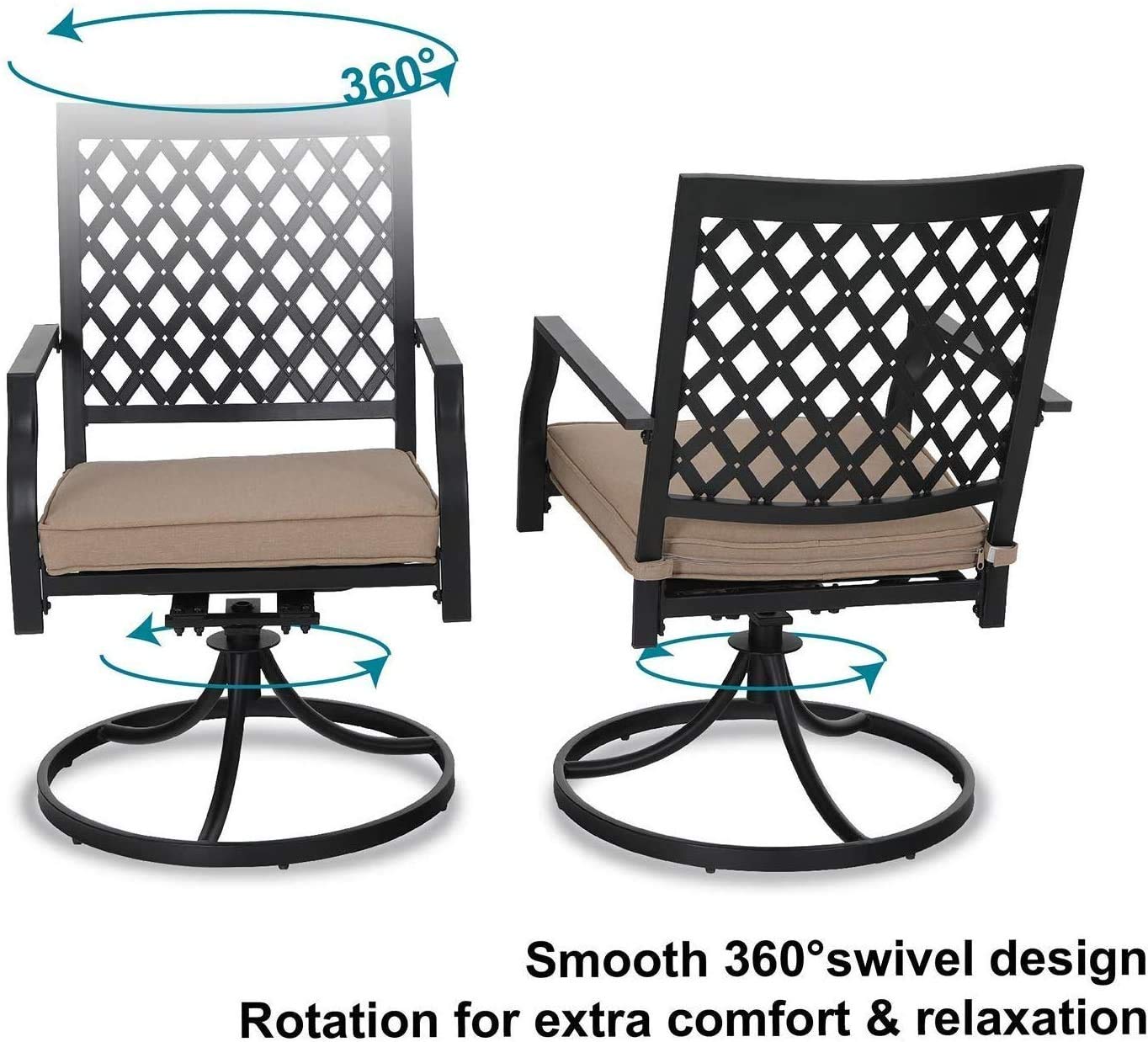 PHI VILLA 2-Piece Outdoor Swivel Dining Chairs Set - Black Metal Patio Furniture with Cushions for Garden, Backyard, Bistro & Poolside Relaxation | Weather-Resistant Small Grid Design