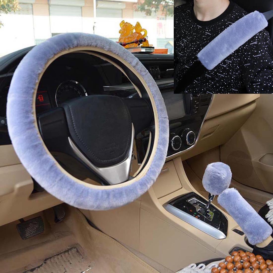 5-Piece Universal Fuzzy Car Steering Wheel Cover Set with Seat Belt Cover, Hand Brake Cover & Gear Shift Cover - Anti-Slip Winter Faux Wool Car Interior Accessories (Gray) - Perfect for Cold Weather Driving & Interior Protection