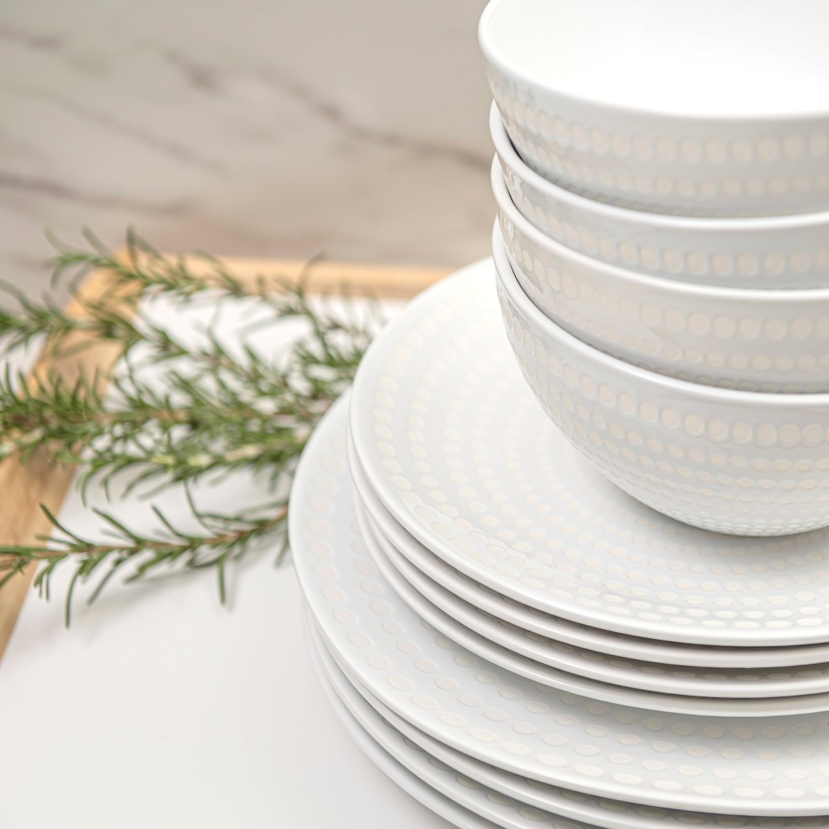 12-Piece Bijou Ceramic Dinnerware Set - Elegant Pearl White Plates & Bowls for Everyday Dining, Entertaining, and Special Occasions
