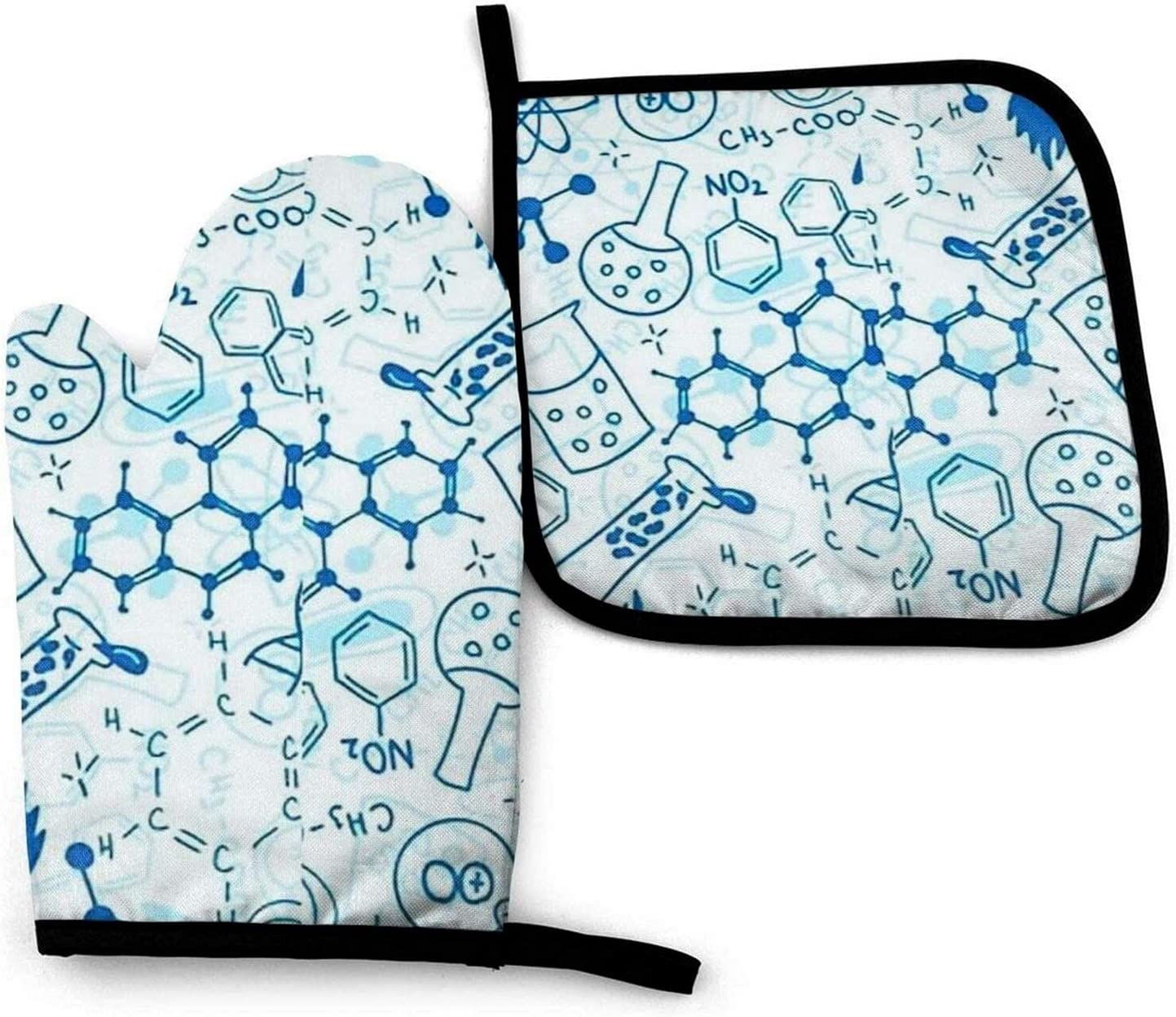 Heat Resistant Cartoon Blue Chemistry Oven Mitts and Pot Holders Set of 2 - Kitchen Cooking Gloves for Baking, Grilling & Food Handling - Perfect for Home Chefs & Science-Themed Kitchens