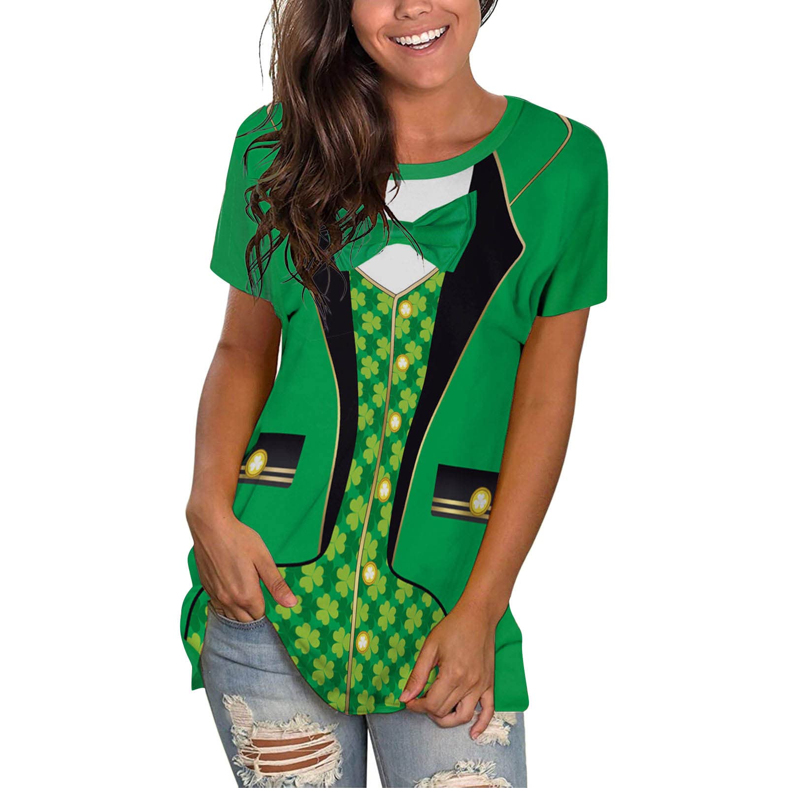 St. Patrick's Day Women's Short Sleeve V-Neck T-Shirt - Floral Printed Summer Top with Rolled Sleeves - Perfect for Irish Festivals, Pub Crawls & Spring Outfits