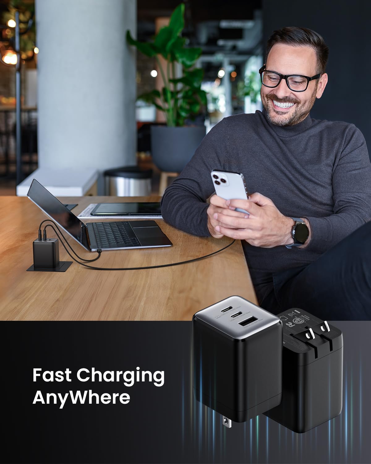100W USB C GaN Fast Charger Block, 3-Port Compact Foldable Wall Charger for MacBook Pro/Air, Dell XPS, iPad Pro, iPhone 15/14/13, Galaxy S25/S24 - Perfect for Travel, Office & Home Charging Multiple Devices Simultaneously