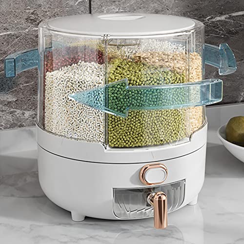 6-Compartment Rotating Rice Dispenser - PP Plastic Dry Food Storage Container for Rice, Beans & Grains | Kitchen Pantry Organizer for Countertop & Cabinet (White)