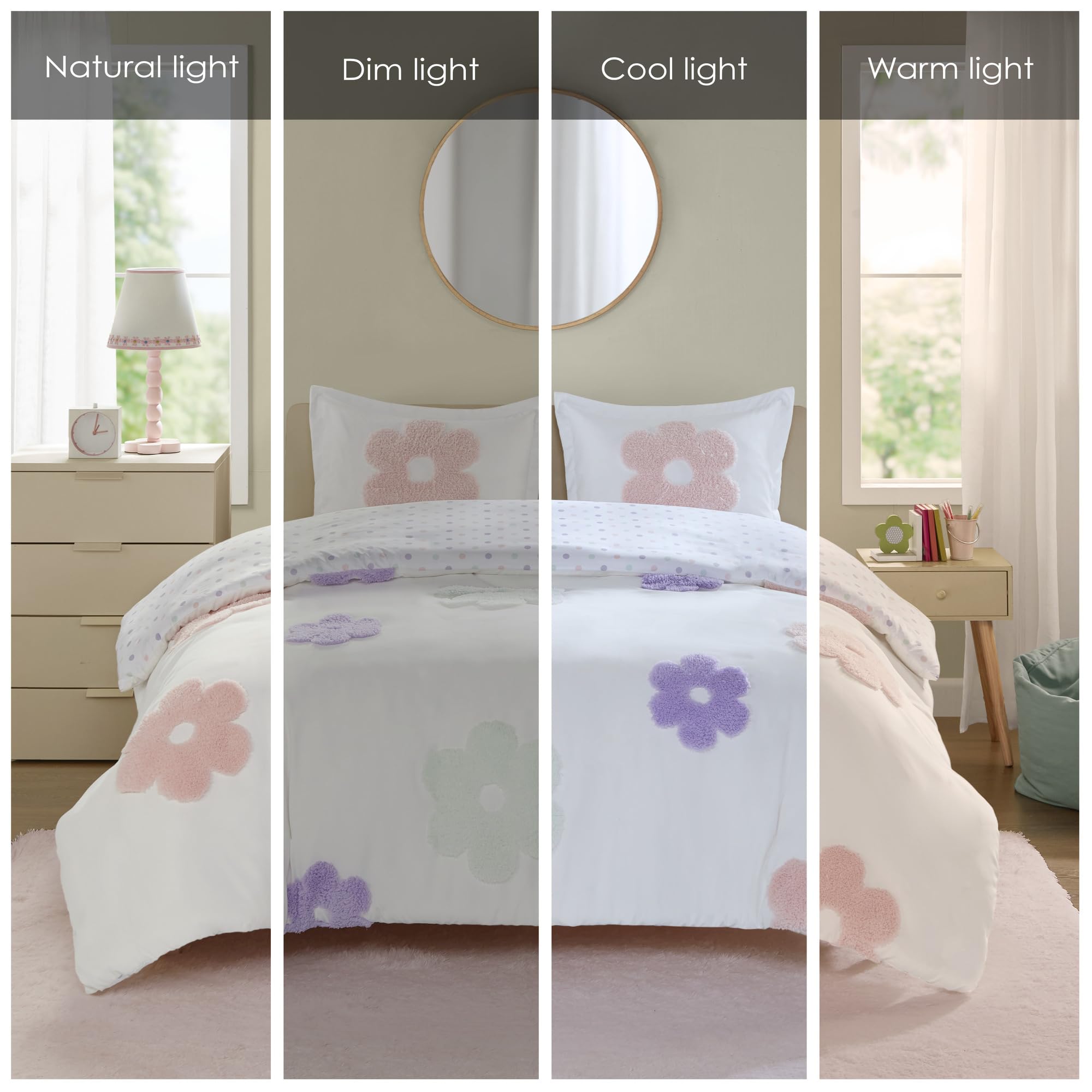 Queen Size Duvet Cover Set for Girls - Tufted Chenille Floral Reversible Bedding with Polka Dot Design | Lightweight 4-Piece Set Includes Duvet Cover, Sham & Pillowcases | Perfect for Teen Bedrooms, Guest Rooms & Cozy Purple Themed Decor (Full/Queen, White & Purple)
