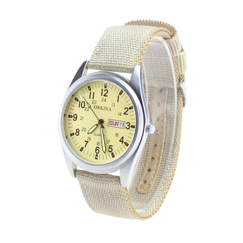 KTC Men's Quartz Watch with Date Display - Matt Silver Case, Beige Nylon Strap - Waterproof Casual Wristwatch for Outdoor, Hiking & Everyday Wear