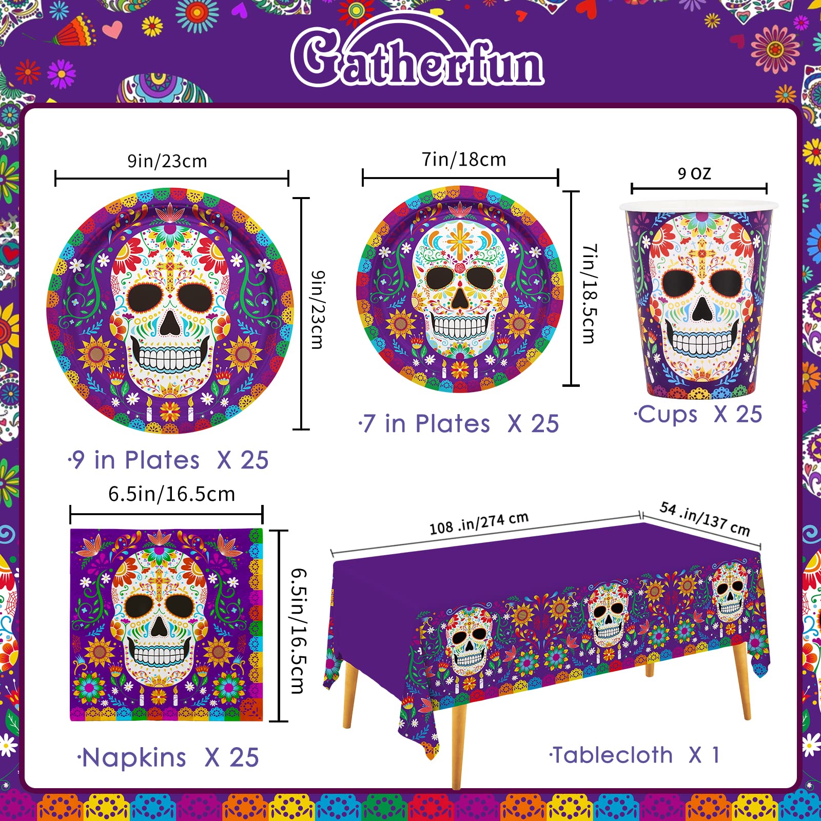 Day of the Dead Party Supplies Kit for 25 Guests - Disposable Sugar Skull Dinner Plates, Dessert Plates, Napkins, Cups & Tablecloth - Día de los Muertos Themed Party Decorations | Perfect for Halloween Celebrations, Mexican Cultural Events & Festive Gatherings