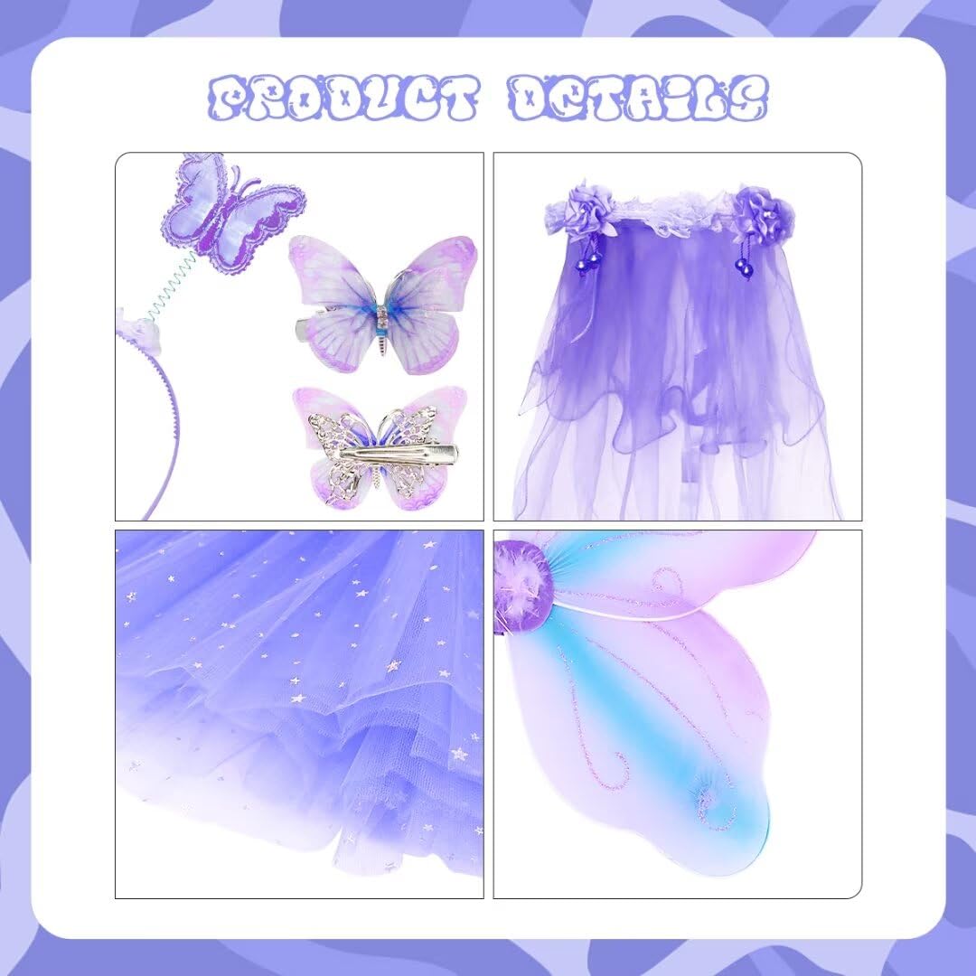 WILDPARTY Fairy Costume Set for Girls Age 3-8 - Butterfly Wings, Tutu Skirt, Hair Clips, Magic Wand & Headband - Perfect for Halloween, Dress-Up Parties & Fairy Themed Events