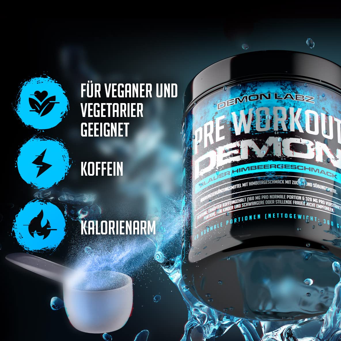 Pre Workout Demon - Blue Raspberry Booster with Creatine & Caffeine for Gym Energy - Made in Germany