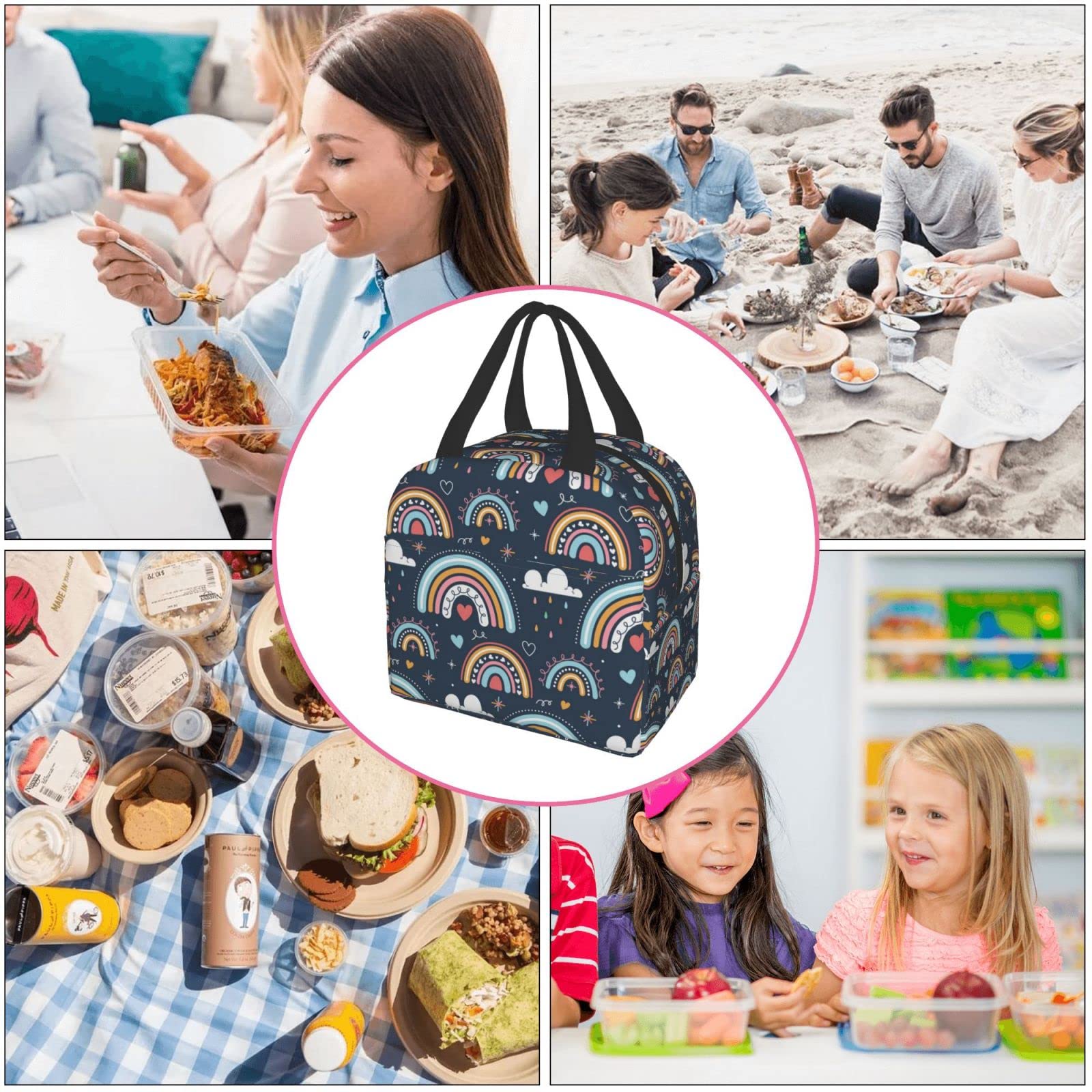 Insulated Navy Rainbow Lunch Box for Women & Men - Reusable Thermal Lunch Bag for Office, School, Camping, Hiking, Picnic, Beach & Travel - Keep Food Fresh All Day