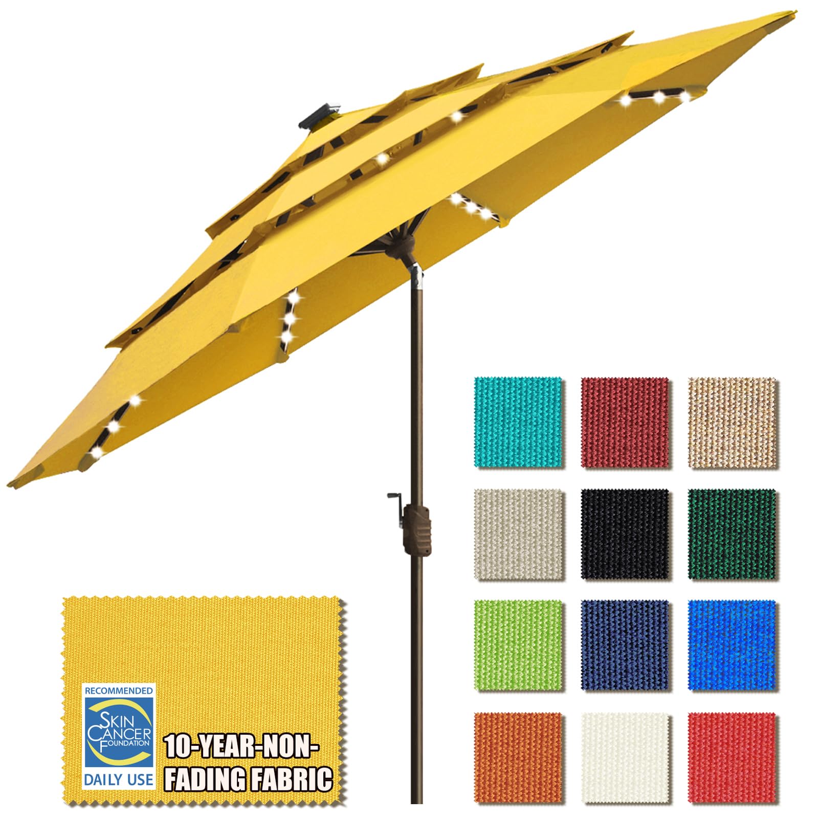 EliteShade USA 10-Year Fade-Resistant 9ft 3-Tier Solar Market Umbrella with 80 LED Lights - Patio, Garden, Poolside Outdoor Umbrella with Ventilation - Sunflower Yellow for Backyard, Deck, and Restaurant Dining Areas
