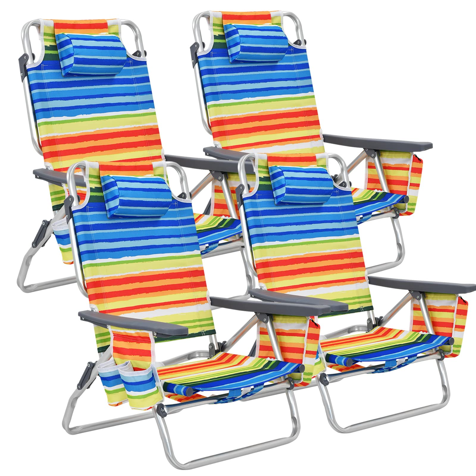 GYMAX 4-Pack Beach Chairs with Cooler Bag & Cup Holder - Portable Backpack Folding Camping Chairs with Armrests, Towel Bar & Storage Pockets - Lightweight Sunbathing Lounge Chairs for Beach, Pool, Picnic, Backyard & Outdoor Activities (Yellow Stripe)