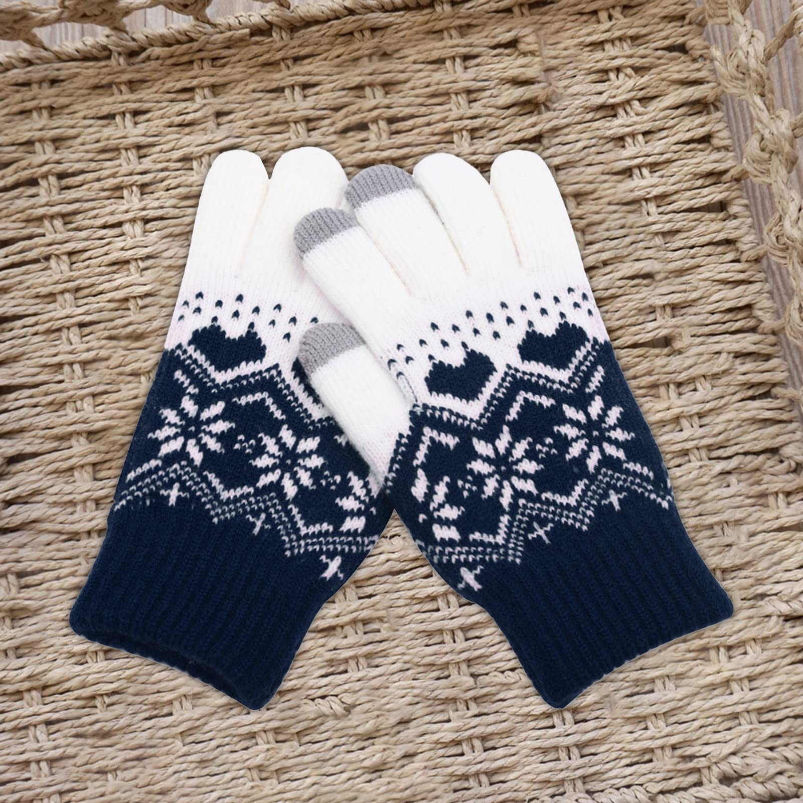 Women's Thickened Windproof Knitted Gloves - Jacquard Snowflake Design for Autumn & Winter - Navy Blue Finger Gloves for Outdoor Activities, Hiking & Cold Weather Protection