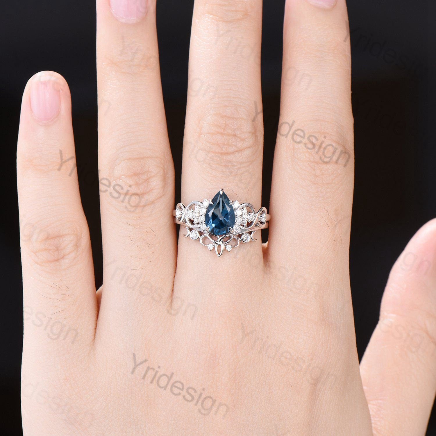 Celtic Love London Blue Topaz Engagement Ring Set – Pear Shaped Topaz & Diamond Wedding Ring – Norse Viking Cluster Moissanite Knot Bridal Jewelry for Women | Perfect for Weddings, Anniversaries & Romantic Gifts