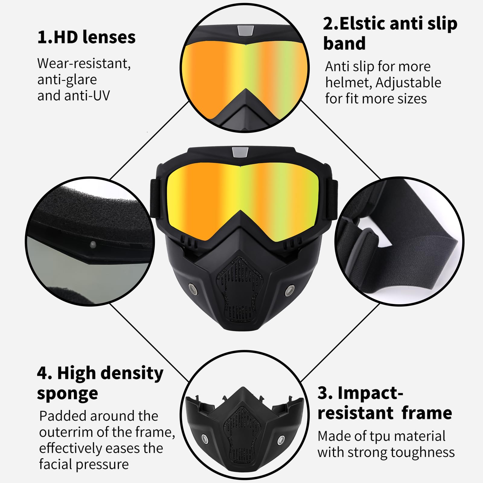 Anti-Fog Motorcycle Goggles - Detachable Paintball & Airsoft Mask for Skiing, Dirt Bike & ATV Riding - Protective Face Gear for Outdoor Sports & Extreme Activities