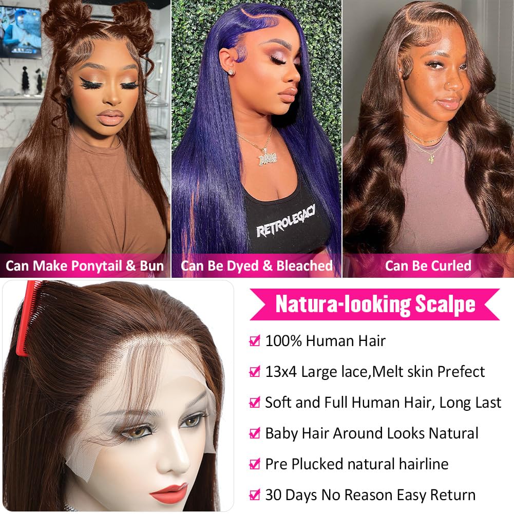 13x4 Chocolate Brown Lace Front Wig Human Hair with Baby Hair | 180% Density Straight Brazilian Hair | Pre-Plucked Hairline | 4# Brown Color | 30 Inch | Perfect for Daily Wear, Parties & Special Occasions