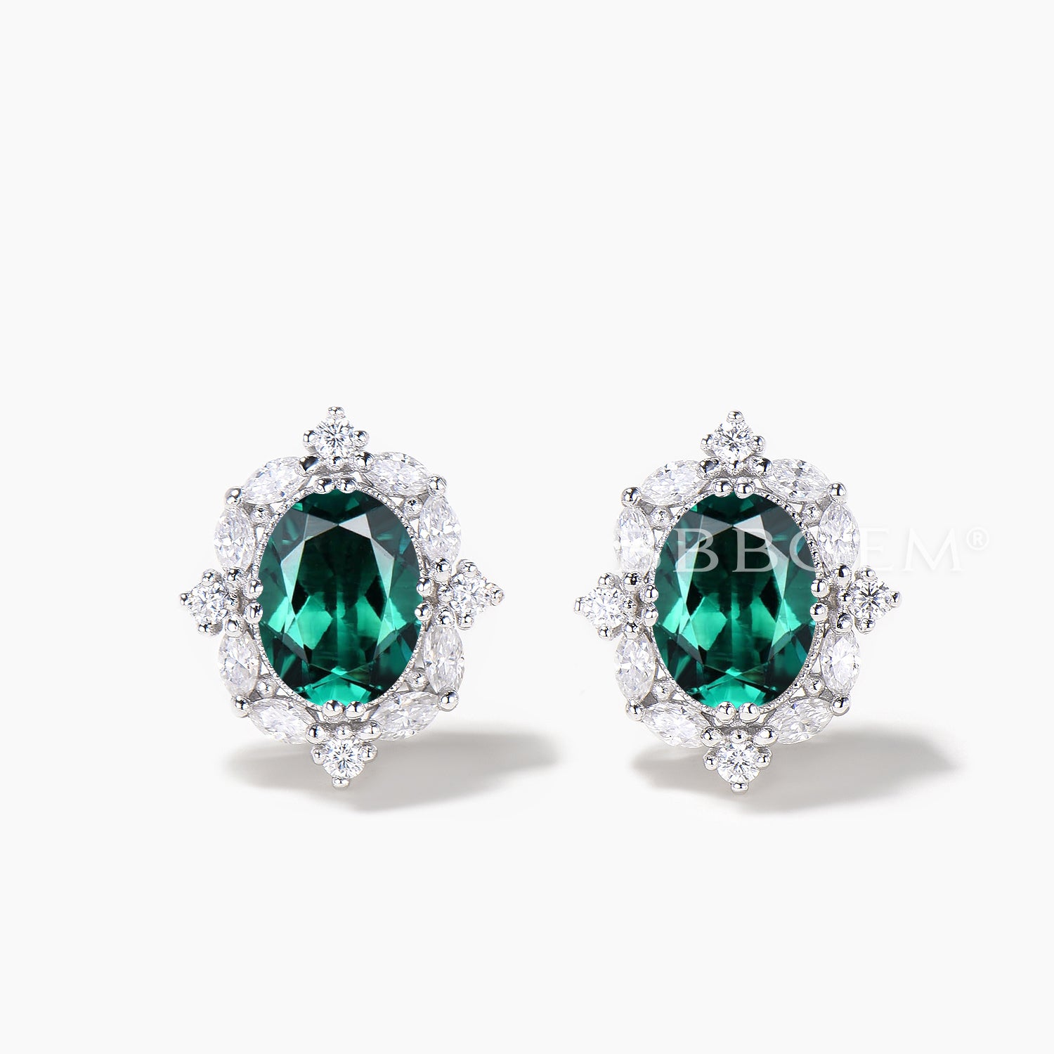Oval Cut Emerald Stud Earrings with Mixed Cut Moissanite Halo in 14K White Gold | Elegant Wedding, Anniversary & Evening Party Jewelry Gift for Women