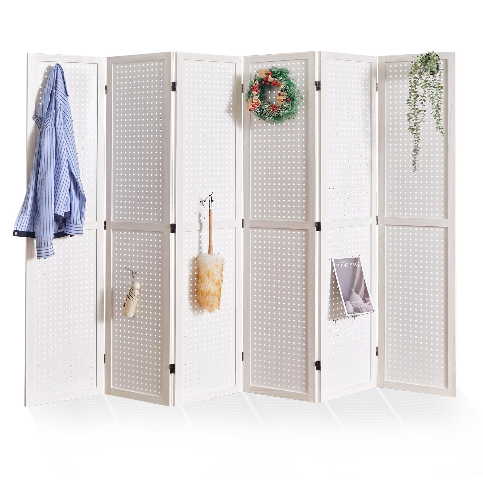 5.6Ft Wooden Room Divider & Pegboard Display - Folding Privacy Screen with 6 Panels, Portable Freestanding Wall Organizer for Retail, Craft & Art Display (White) - Perfect for Home Office, Classroom & Store Organization