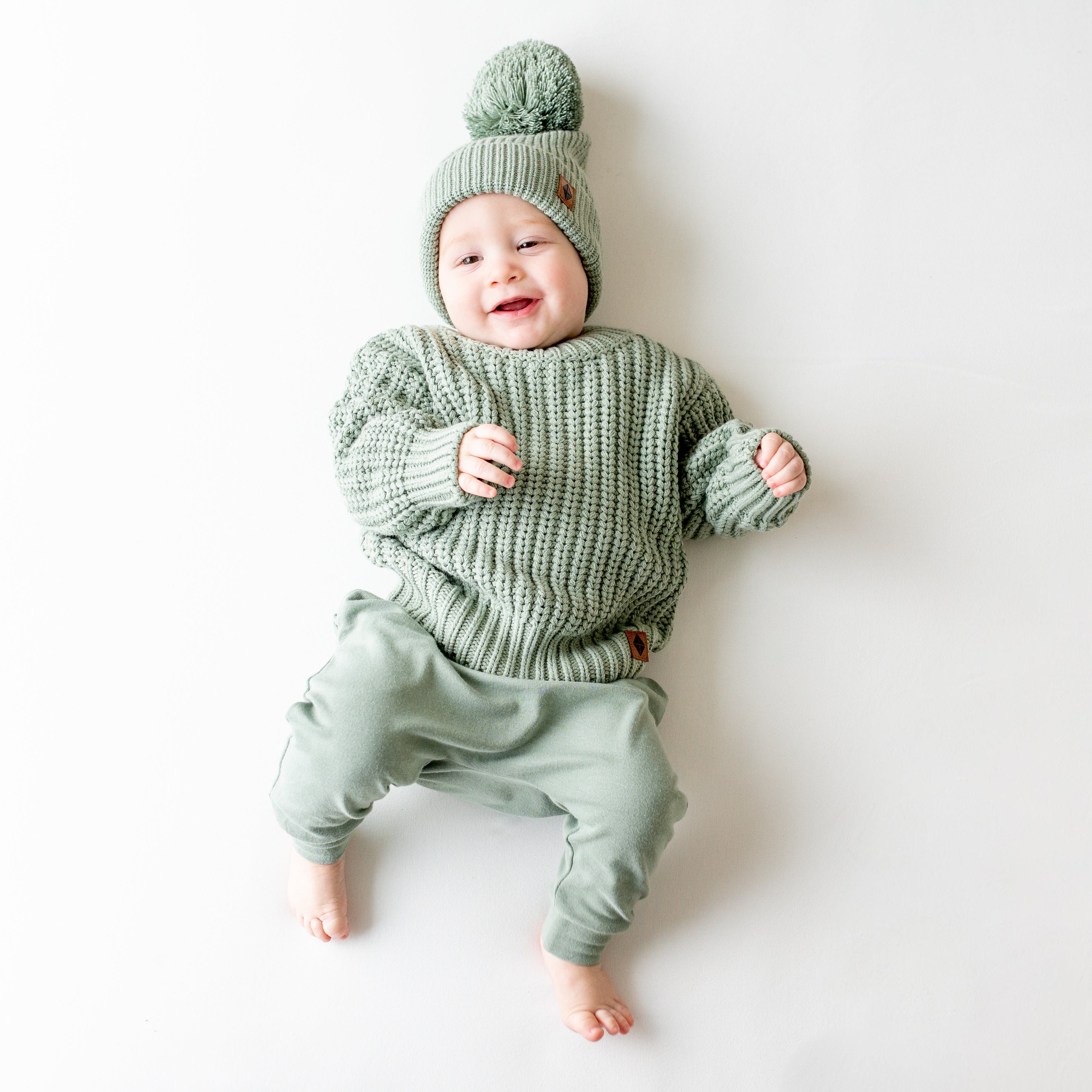 Chunky Knit Pom Beanie for Women - Soft Winter Hat with Faux Fur Pom in Thyme Green | Cozy Cold Weather Accessory for Outdoor Activities & Fashion