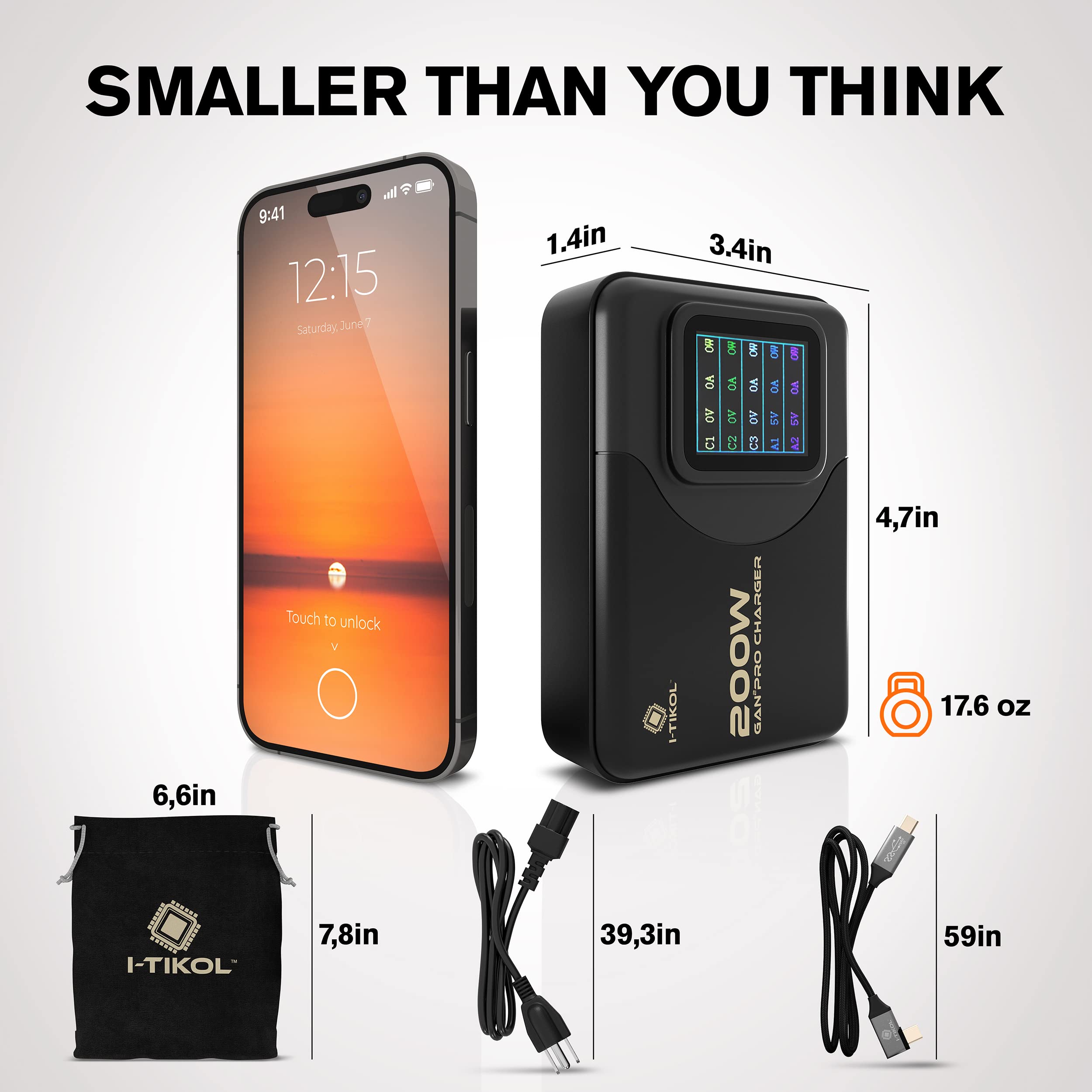 200W GaN USB C Charger with LCD Display - 5-Port Fast Charging Station (3 USB-C & 2 USB-A) - PD Compatible for MacBook, iPad, iPhone, Laptop - Compact Power Adapter for Home, Office & Travel Charging Multiple Devices