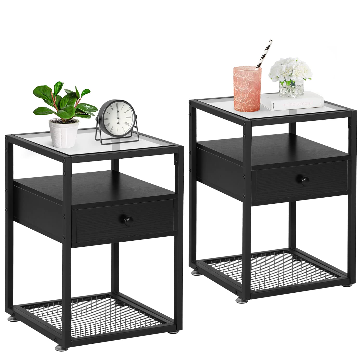 VECELO Modern End Table Nightstand with Drawer & Shelf - Stylish Bedside Cabinet for Living Room, Bedroom & Lounge - Perfect for Storing Books, Lamps & Decor (Black)