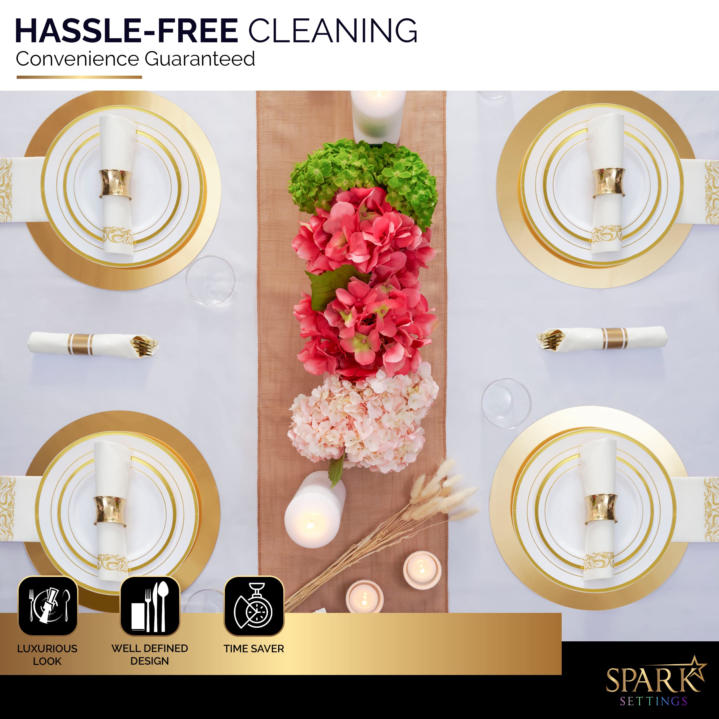 Elegant Gold Plastic Cutlery Set - 50 Piece Disposable Silverware with Napkins, Forks, Knives & Spoons for Wedding, Party & Catering Events - Premium Wrapped Plastic Silverware by SparkSettings