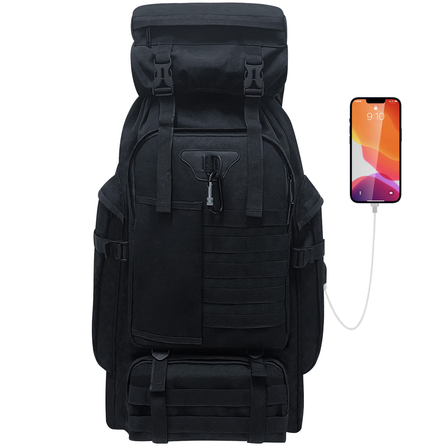 80L Waterproof Military Tactical Backpack - Large Camping Hiking Rucksack with MOLLE System & Carabiner - Durable Outdoor Daypack for Men & Women (Black) - Perfect for Camping, Hiking, Travel & Tactical Missions