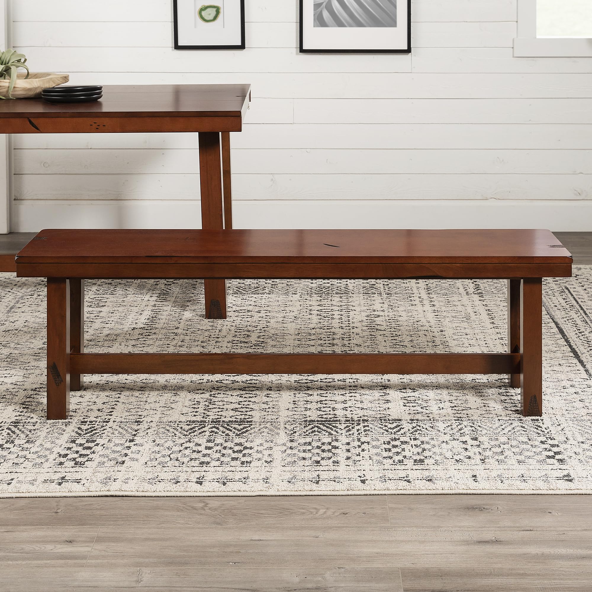 Rustic Farmhouse Wood Distressed Dining Bench - 60 Inch Kitchen Table Bench Seat for 3 - Brown Oak Finish - Perfect for Farmhouse Kitchens, Dining Rooms & Breakfast Nooks