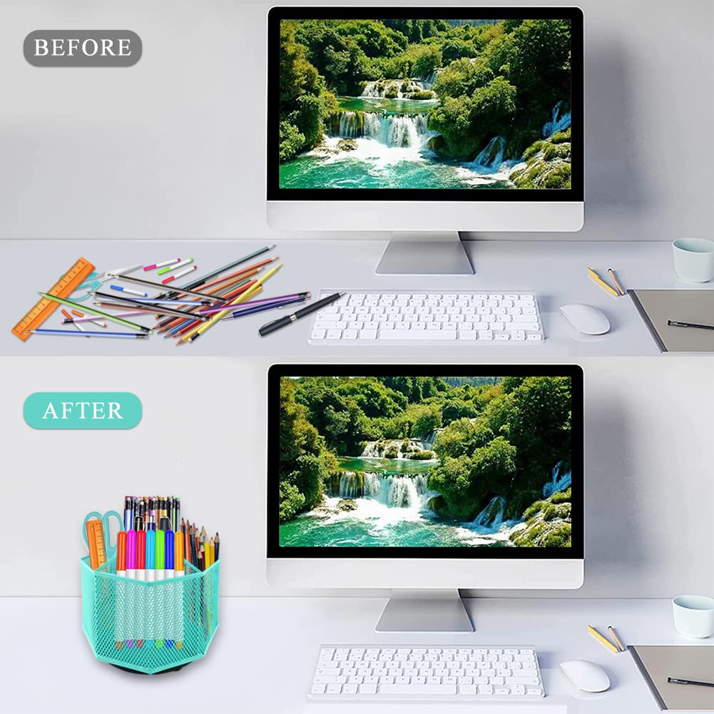 360° Rotating Pencil Holder with 5 Compartments & 10 Clips - Mesh Desk Organizer for Pens, Stationery & Office Supplies - Perfect for Home Office, School & Workspace Organization (Green)