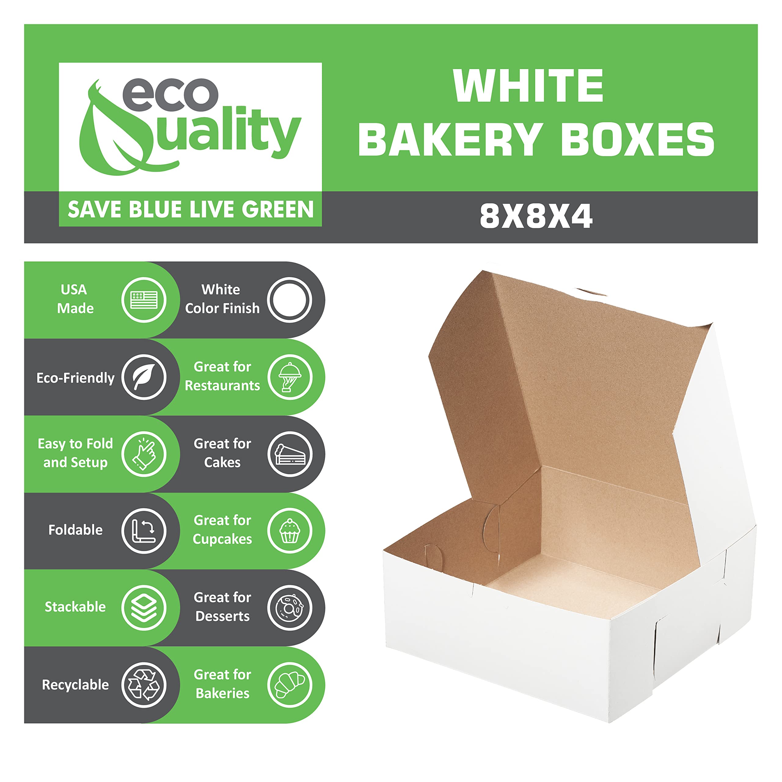 Eco-Friendly White Kraft Pastry Boxes 8x8x4 Inches - Recyclable Paperboard Bakery Box for Cookies, Cakes, Pies, Cupcakes - Perfect for Home Baking, Retail Stores, Baby Showers & Gift Packaging (150 Count)